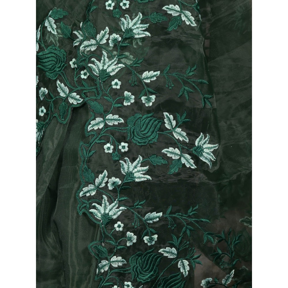 Odette Green Floral Embroidered Organza Saree with Unstitched Blouse