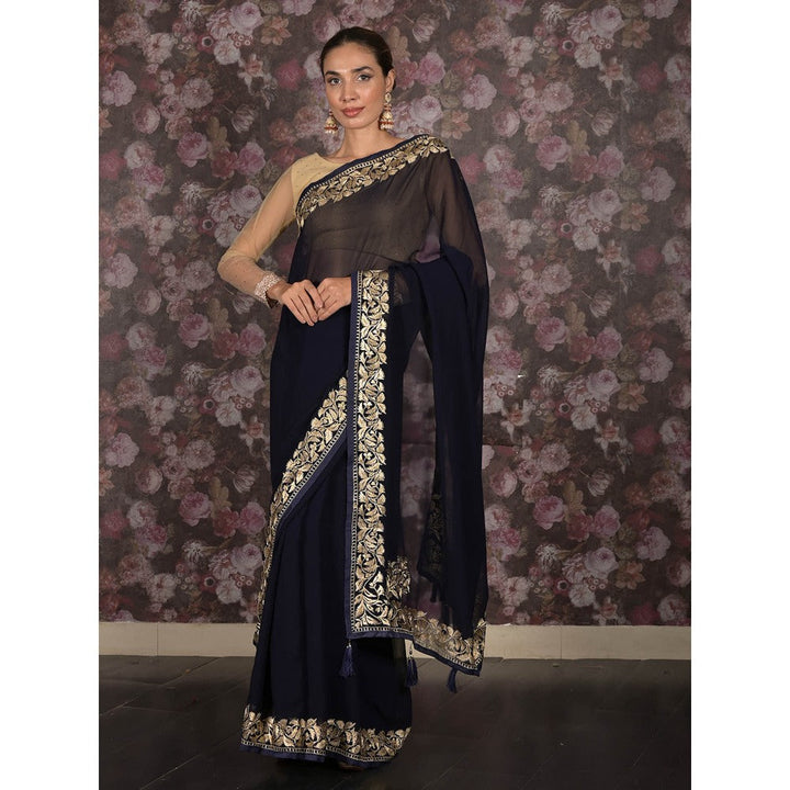 Odette Navy Blue Zari Embroidered Georgette Saree with Unstitched Blouse