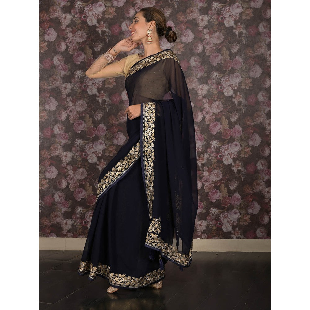 Odette Navy Blue Zari Embroidered Georgette Saree with Unstitched Blouse