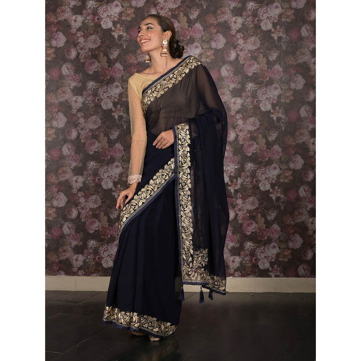 Odette Navy Blue Zari Embroidered Georgette Saree with Unstitched Blouse