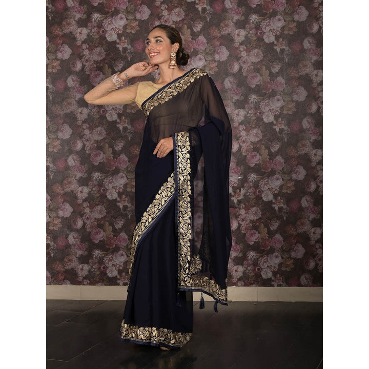 Odette Navy Blue Zari Embroidered Georgette Saree with Unstitched Blouse