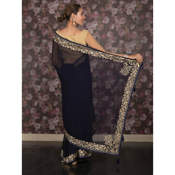 Odette Navy Blue Zari Embroidered Georgette Saree with Unstitched Blouse