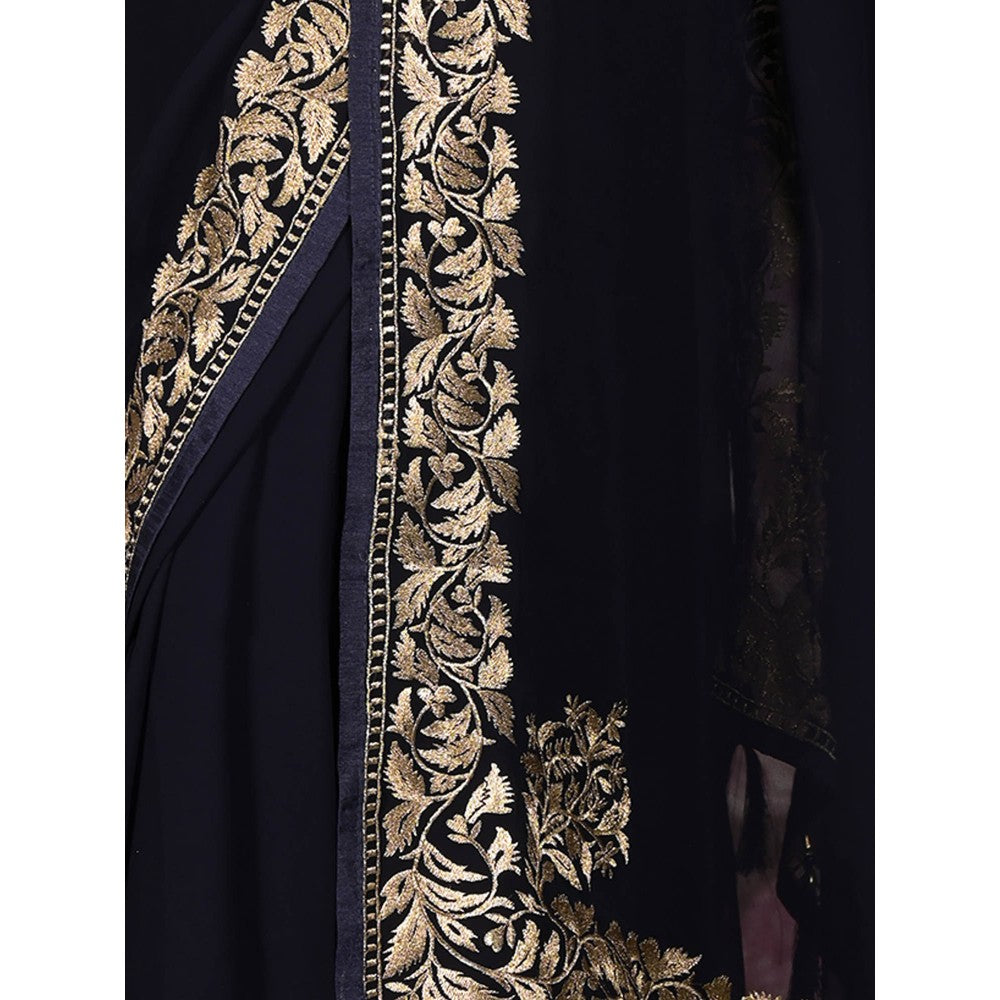 Odette Navy Blue Zari Embroidered Georgette Saree with Unstitched Blouse