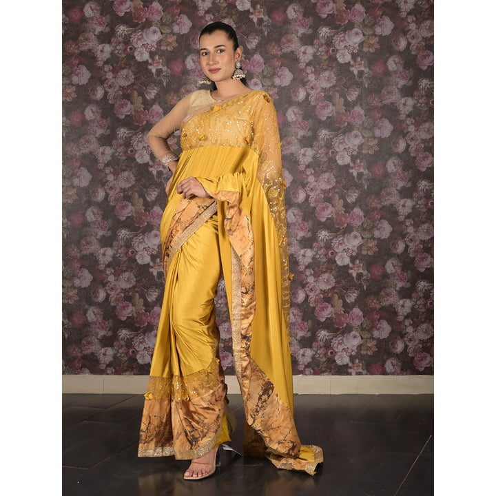 Odette Yellow Printed Embroidered Lycra Saree with Unstitched Blouse