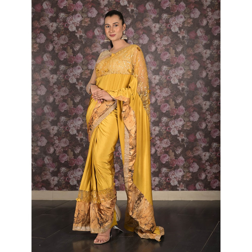 Odette Yellow Printed Embroidered Lycra Saree with Unstitched Blouse