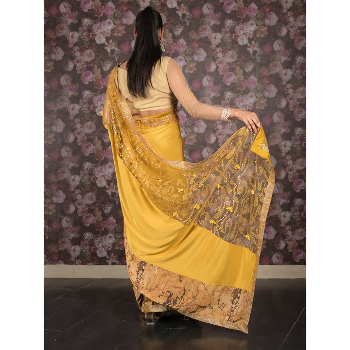 Odette Yellow Printed Embroidered Lycra Saree with Unstitched Blouse