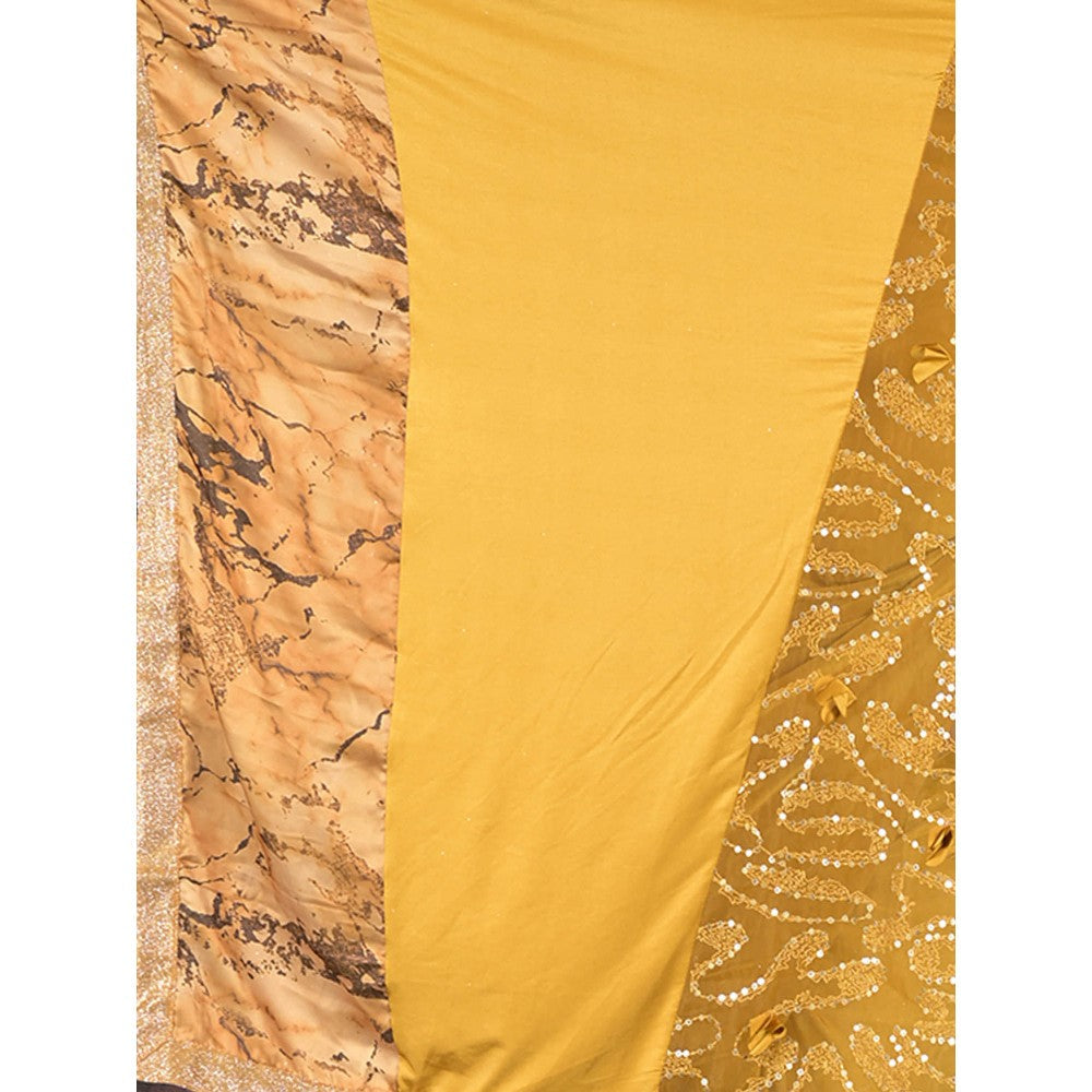 Odette Yellow Printed Embroidered Lycra Saree with Unstitched Blouse