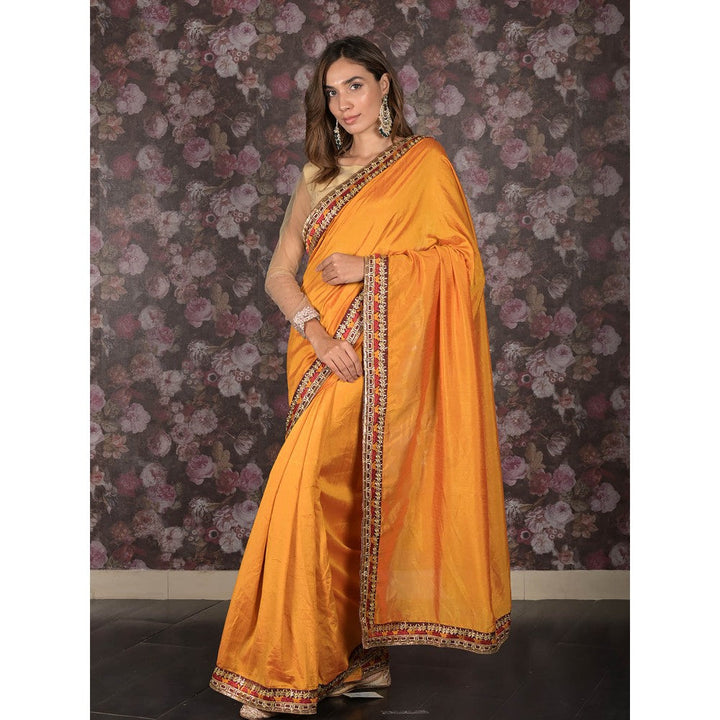 Odette Mustard Embroidered Crepe Saree without Blouse