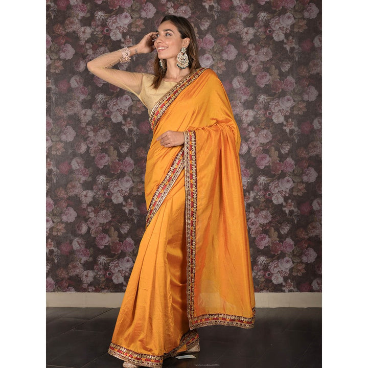 Odette Mustard Embroidered Crepe Saree without Blouse