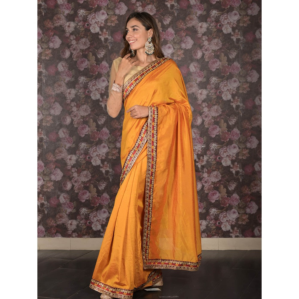 Odette Mustard Embroidered Crepe Saree without Blouse