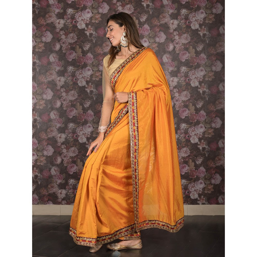 Odette Mustard Embroidered Crepe Saree without Blouse