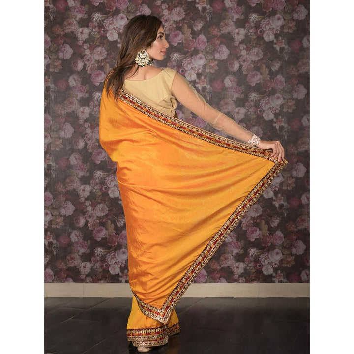 Odette Mustard Embroidered Crepe Saree without Blouse