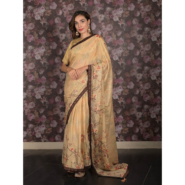 Odette Beige Sequins Printed Crepe Saree with Unstitched Blouse