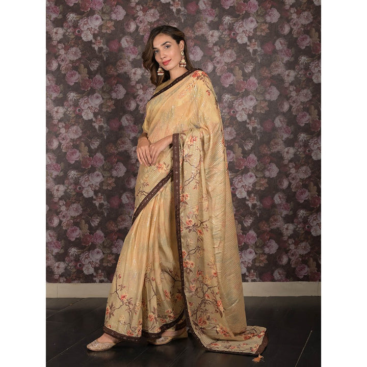 Odette Beige Sequins Printed Crepe Saree with Unstitched Blouse