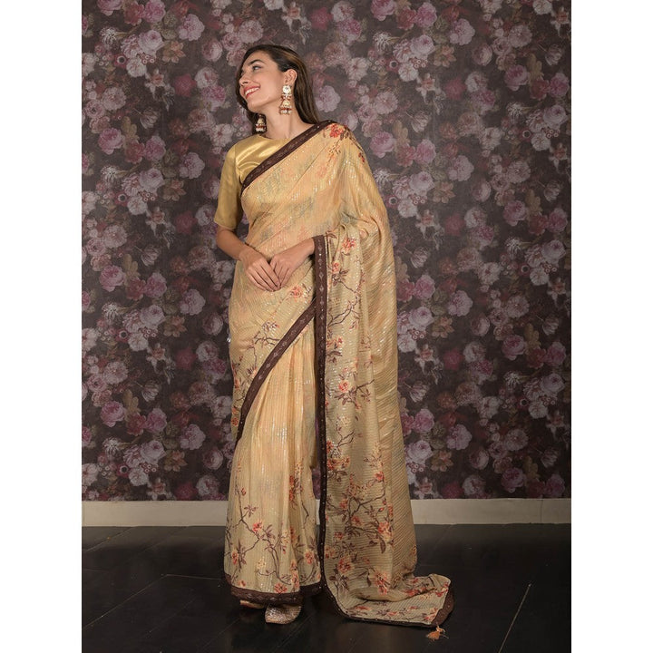 Odette Beige Sequins Printed Crepe Saree with Unstitched Blouse