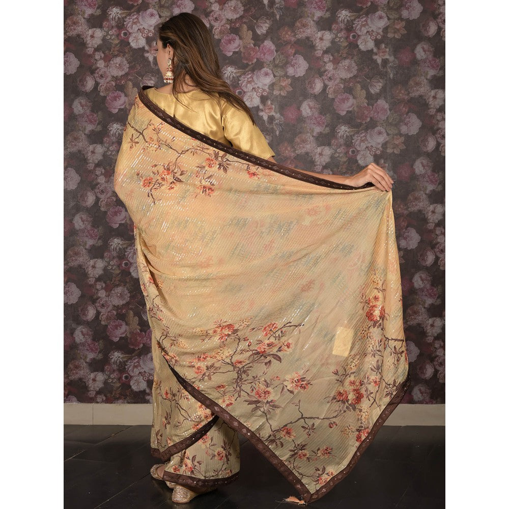 Odette Beige Sequins Printed Crepe Saree with Unstitched Blouse