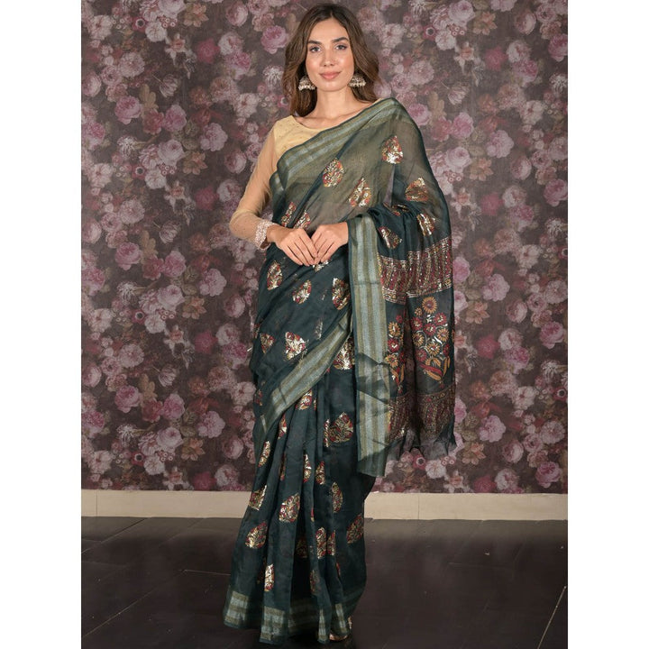 Odette Dark Green Block Printed Cotton Blend Saree with Unstitched Blouse