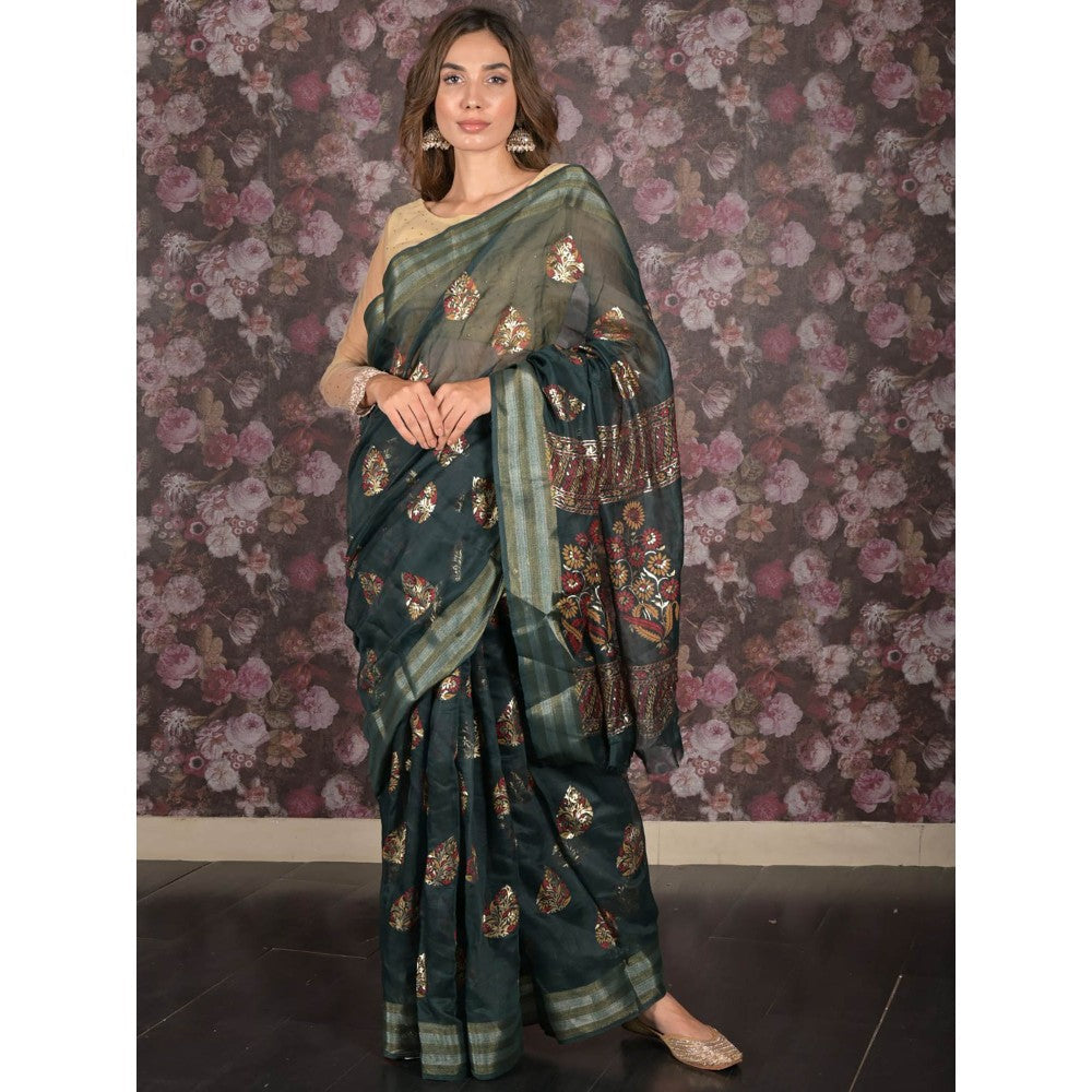 Odette Dark Green Block Printed Cotton Blend Saree with Unstitched Blouse