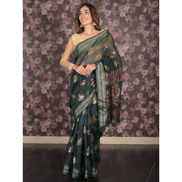 Odette Dark Green Block Printed Cotton Blend Saree with Unstitched Blouse