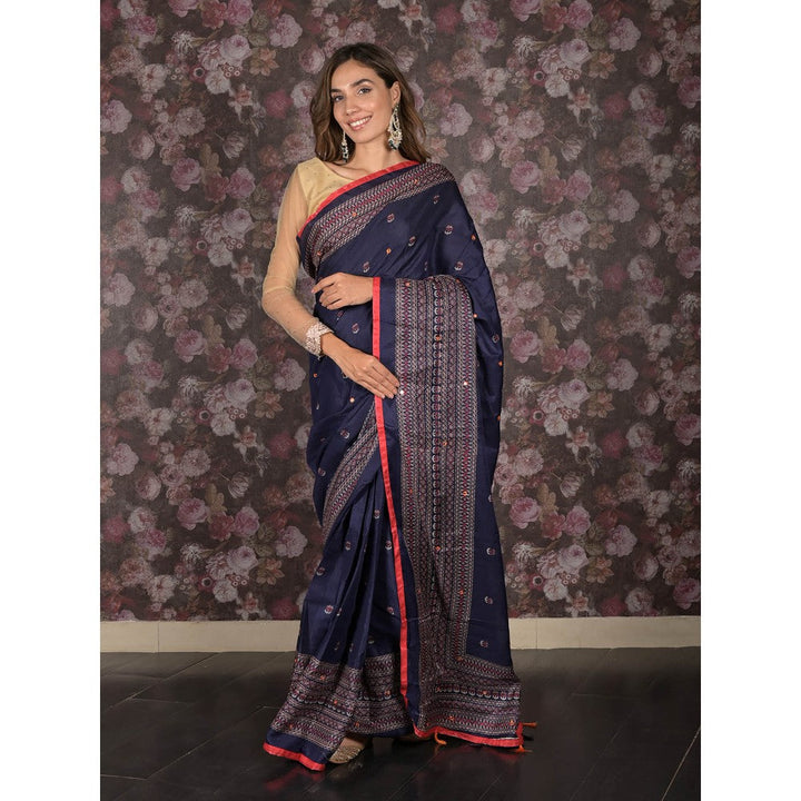 Odette Navy Blue Printed Cotton Blend Saree with Unstitched Blouse