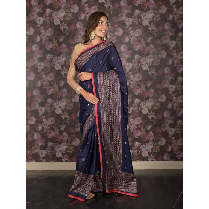 Odette Navy Blue Printed Cotton Blend Saree with Unstitched Blouse