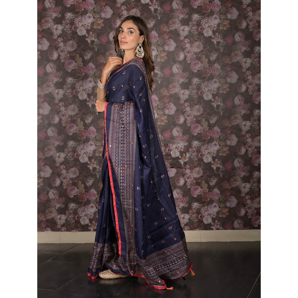 Odette Navy Blue Printed Cotton Blend Saree with Unstitched Blouse