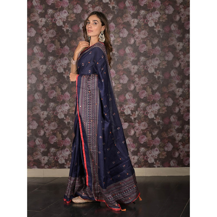 Odette Navy Blue Printed Cotton Blend Saree with Unstitched Blouse