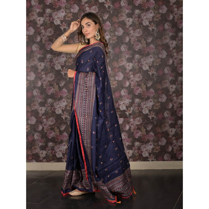 Odette Navy Blue Printed Cotton Blend Saree with Unstitched Blouse