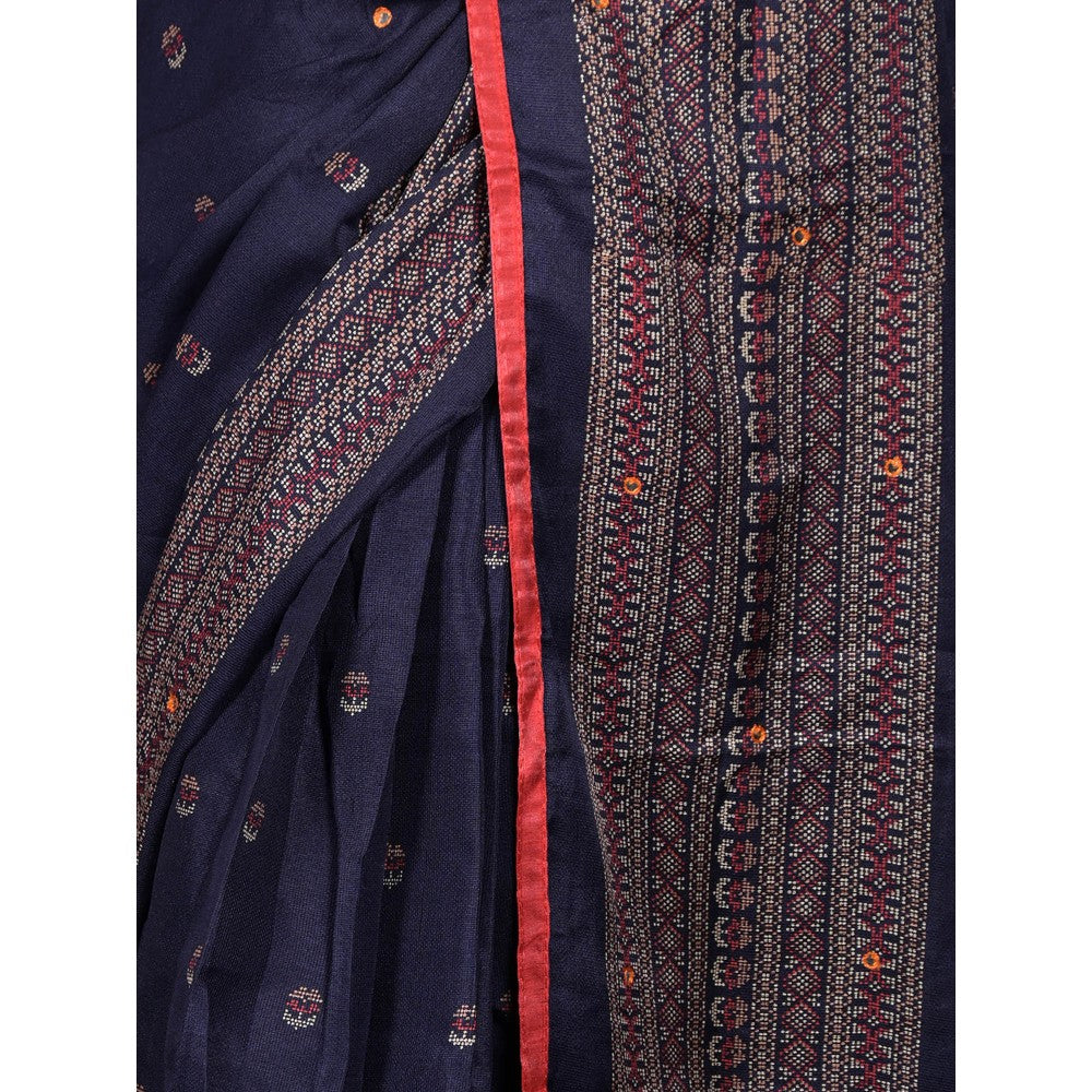 Odette Navy Blue Printed Cotton Blend Saree with Unstitched Blouse