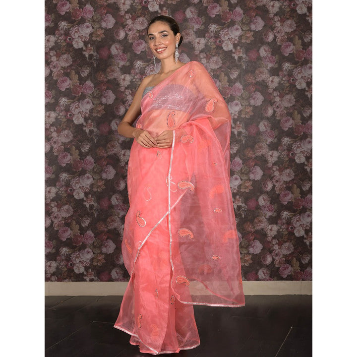 Odette Pink Organza Embroidered Saree without Blouse