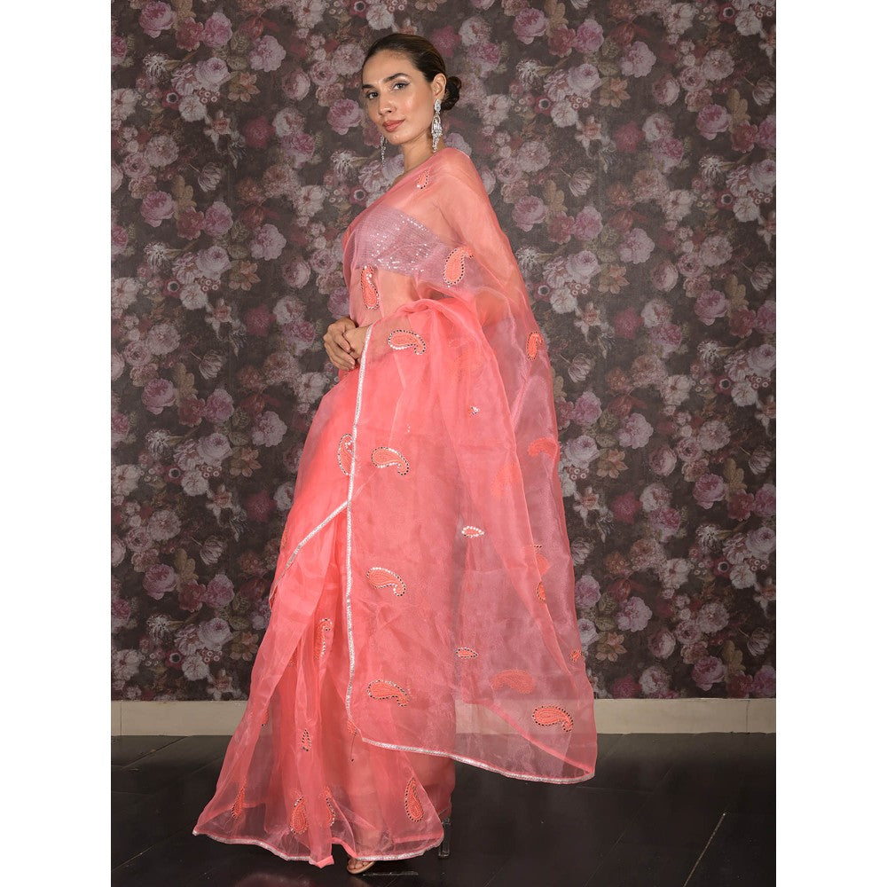 Odette Pink Organza Embroidered Saree without Blouse