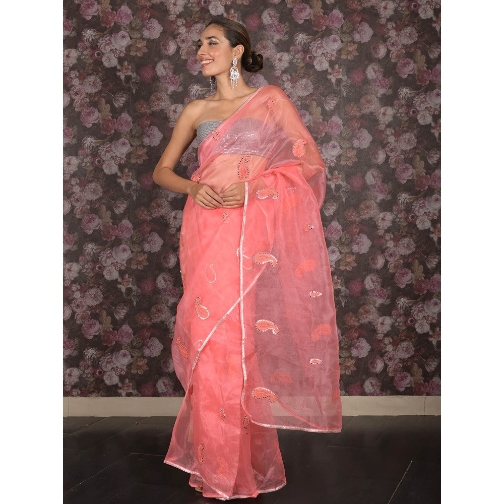 Odette Pink Organza Embroidered Saree without Blouse