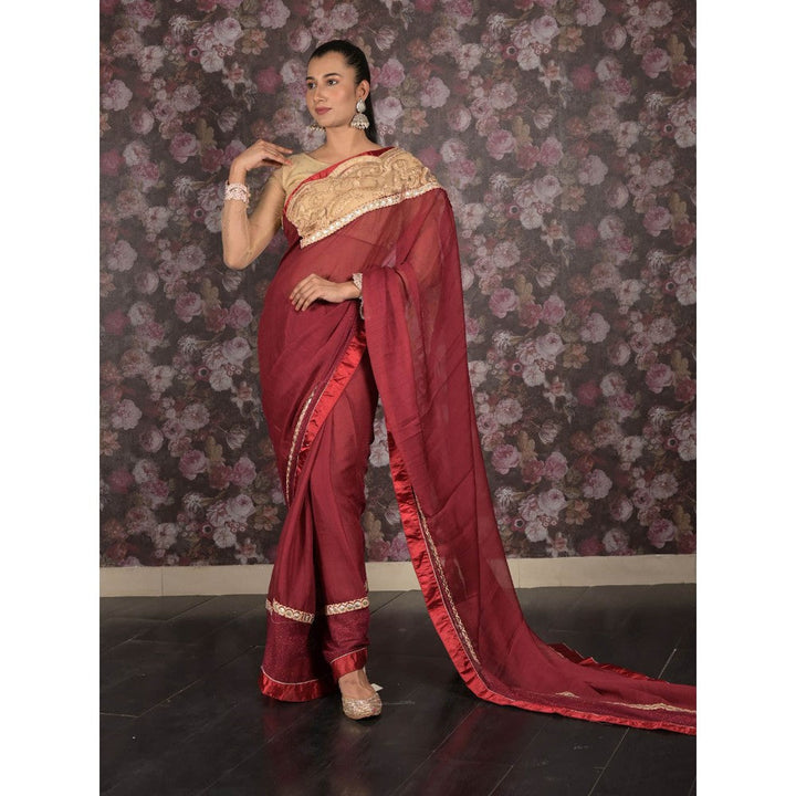 Odette Maroon Embroidered Crepe Saree without Blouse