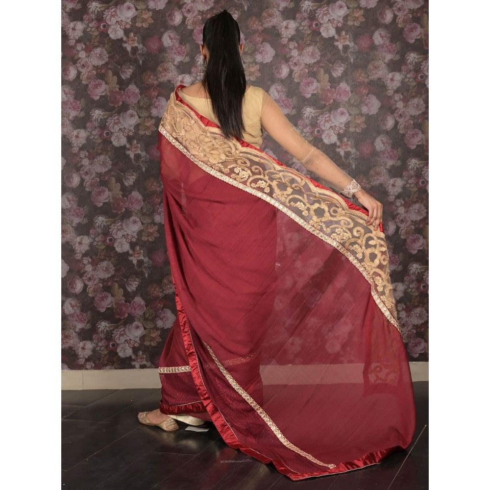 Odette Maroon Embroidered Crepe Saree without Blouse