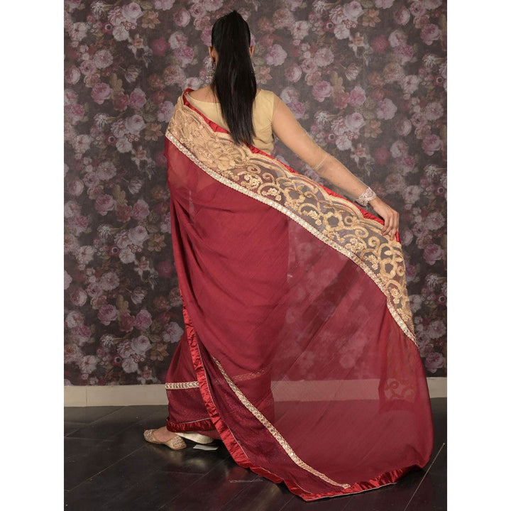 Odette Maroon Embroidered Crepe Saree without Blouse