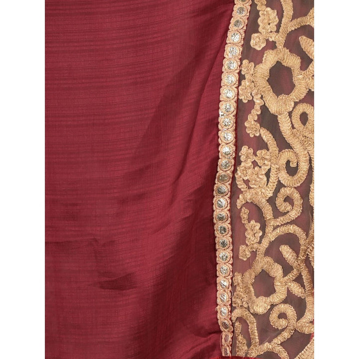 Odette Maroon Embroidered Crepe Saree without Blouse