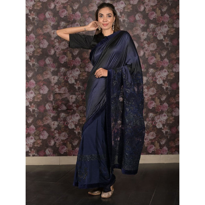 Odette Navy Blue Sequins Embroidered Lycra Saree with Unstitched Blouse For Women