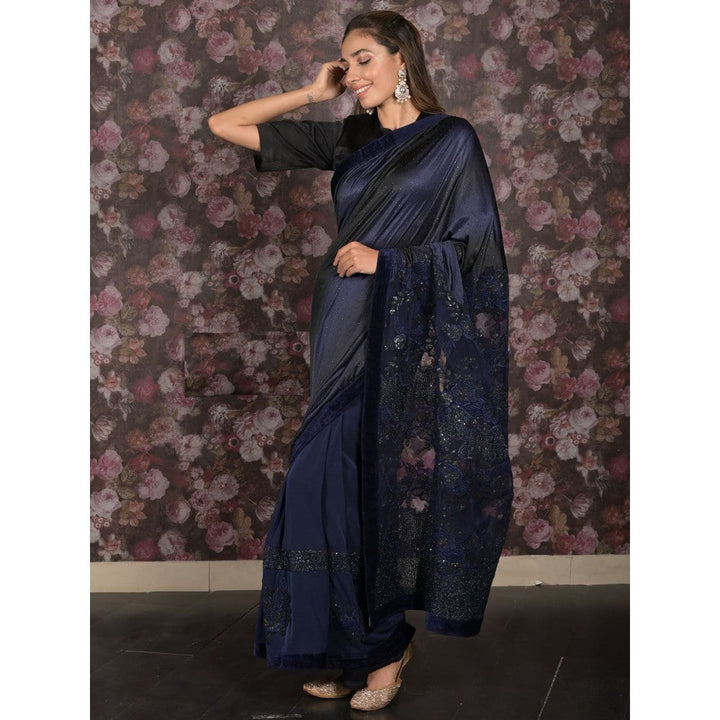 Odette Navy Blue Sequins Embroidered Lycra Saree with Unstitched Blouse For Women