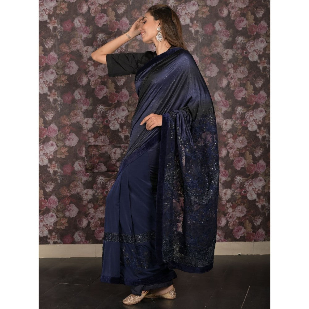 Odette Navy Blue Sequins Embroidered Lycra Saree with Unstitched Blouse For Women