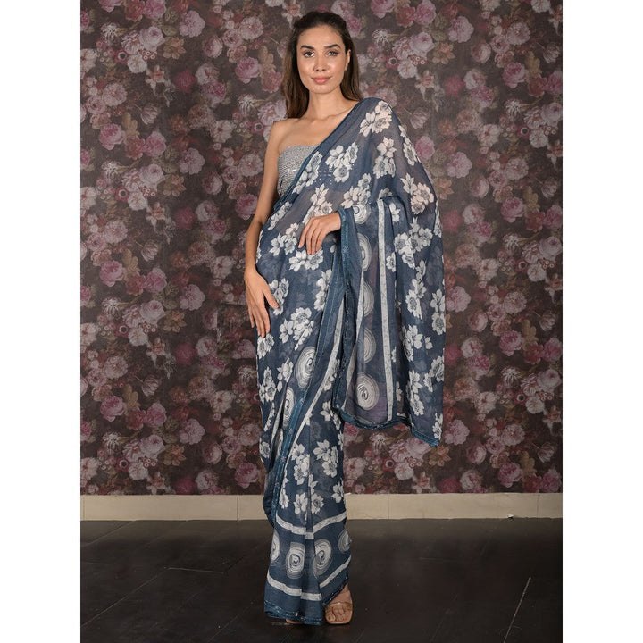 Odette Blue Floral Printed Chiffon Saree without Blouse For Women