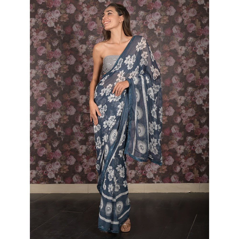 Odette Blue Floral Printed Chiffon Saree without Blouse For Women