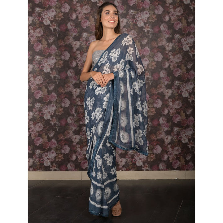 Odette Blue Floral Printed Chiffon Saree without Blouse For Women