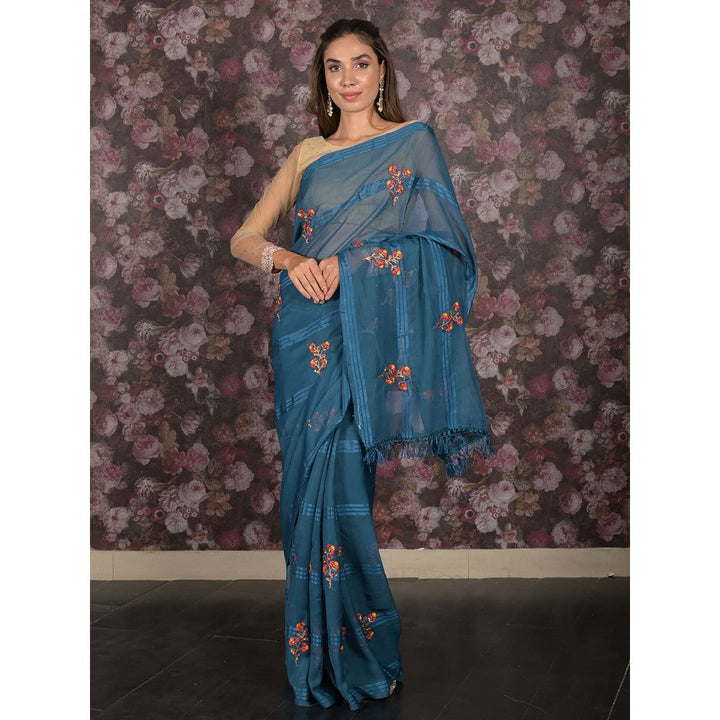 Odette Teal Embroidered Poly Georgette Saree without Blouse For Women