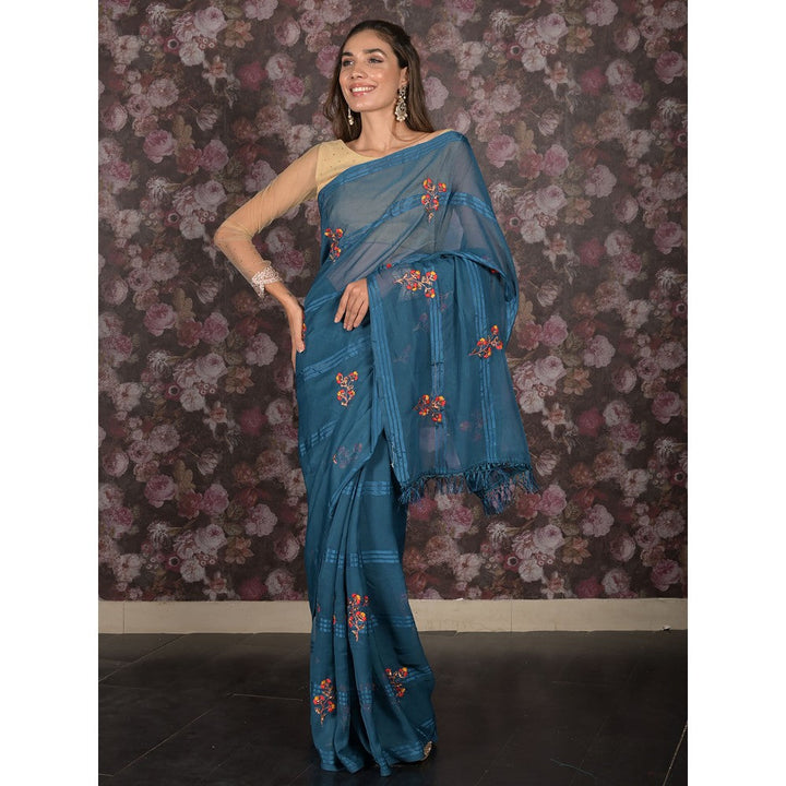 Odette Teal Embroidered Poly Georgette Saree without Blouse For Women