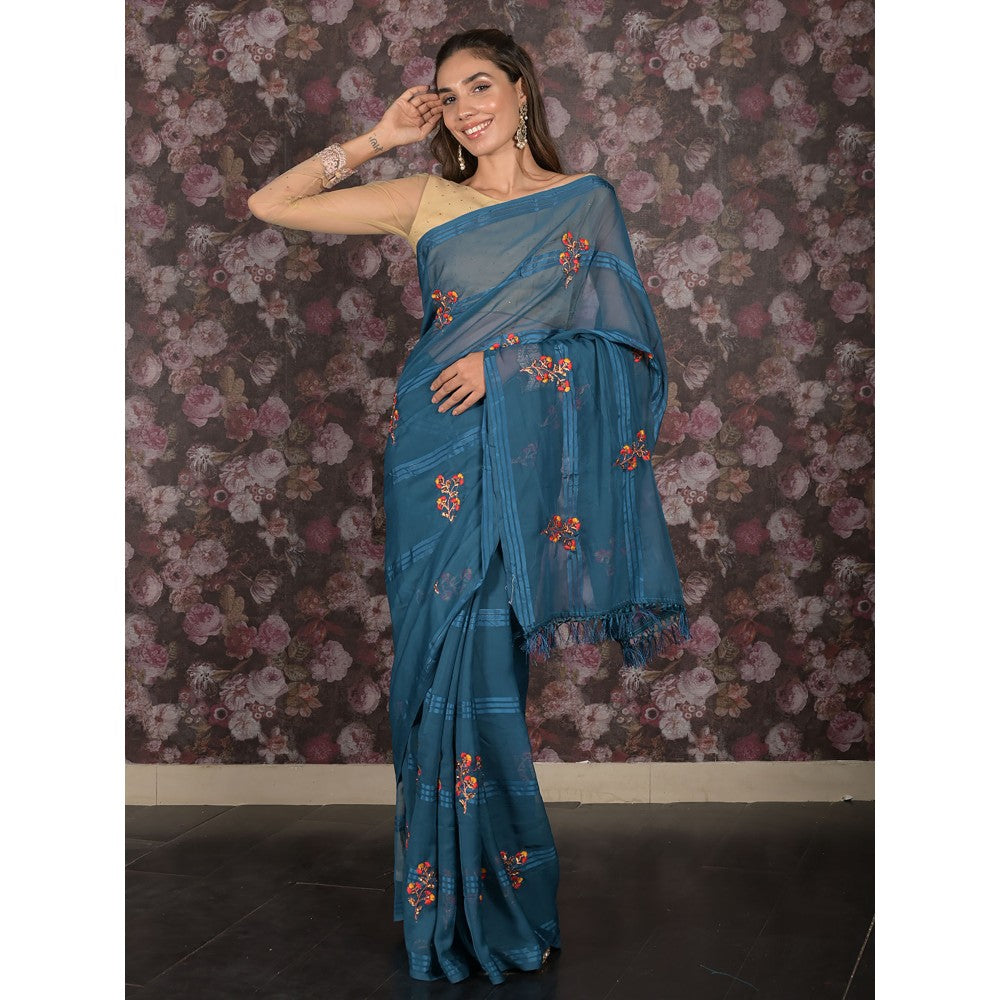 Odette Teal Embroidered Poly Georgette Saree without Blouse For Women