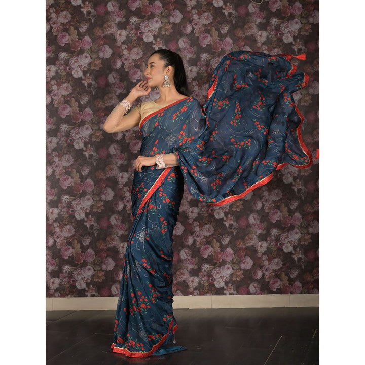 Odette Teal Printed Georgette Saree with Unstitched Blouse For Women