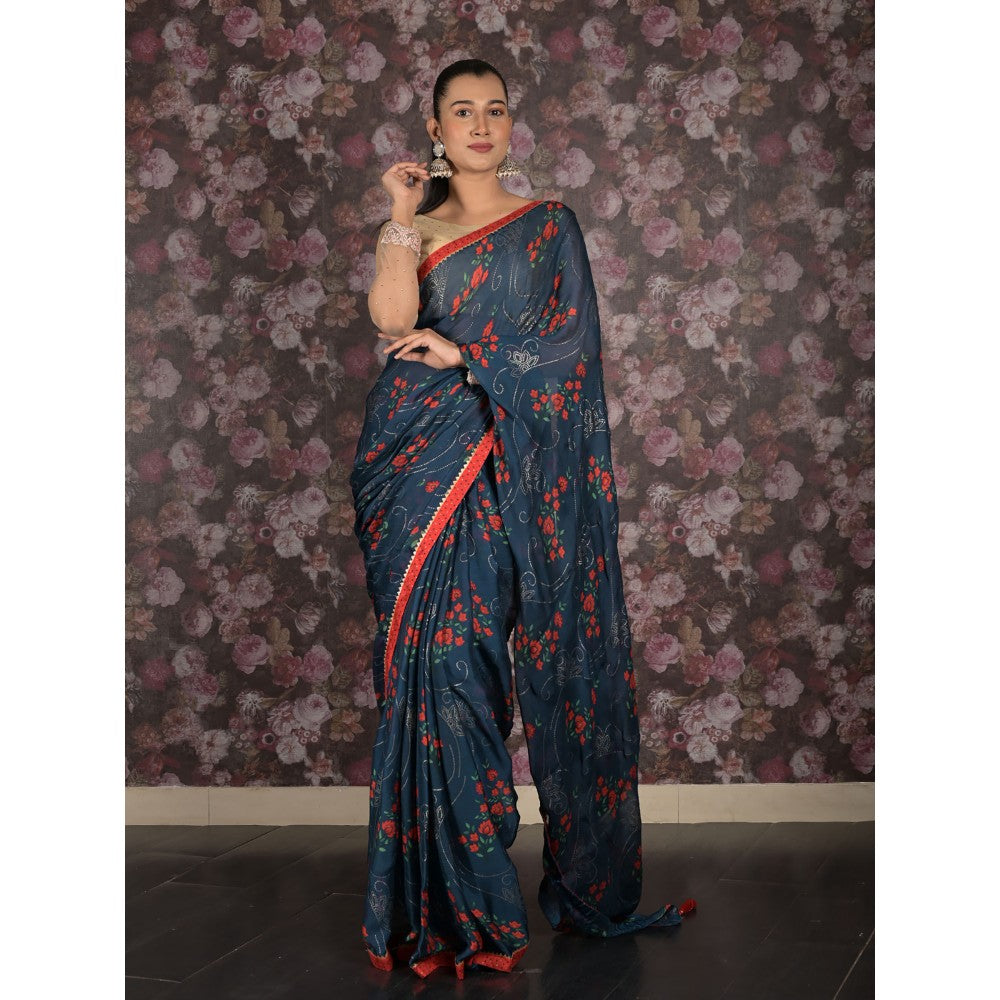 Odette Teal Printed Georgette Saree with Unstitched Blouse For Women