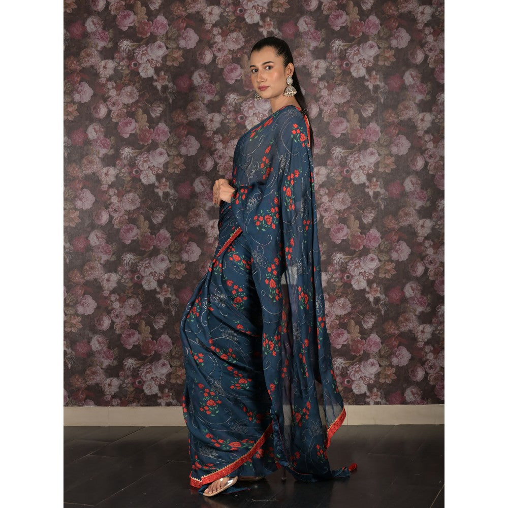 Odette Teal Printed Georgette Saree with Unstitched Blouse For Women