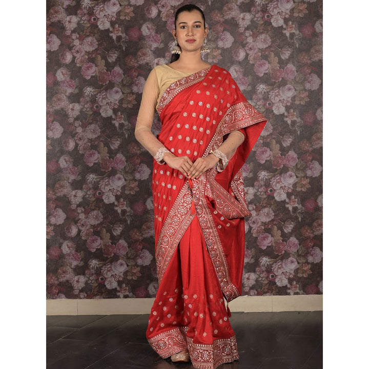 Odette Red Embroidered Silk Blend Saree with Unstitched Blouse For Women