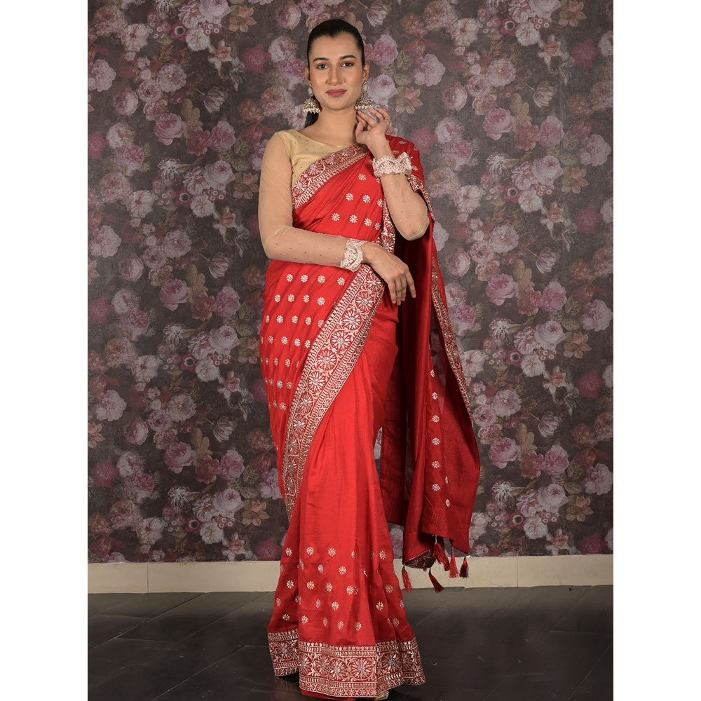 Odette Red Embroidered Silk Blend Saree with Unstitched Blouse For Women